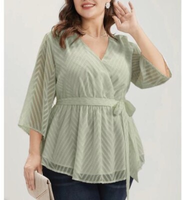 Bloomchic Geometric Surplice Neck Belted Ruffles Peplum Blouse Sheer 22 24 3X