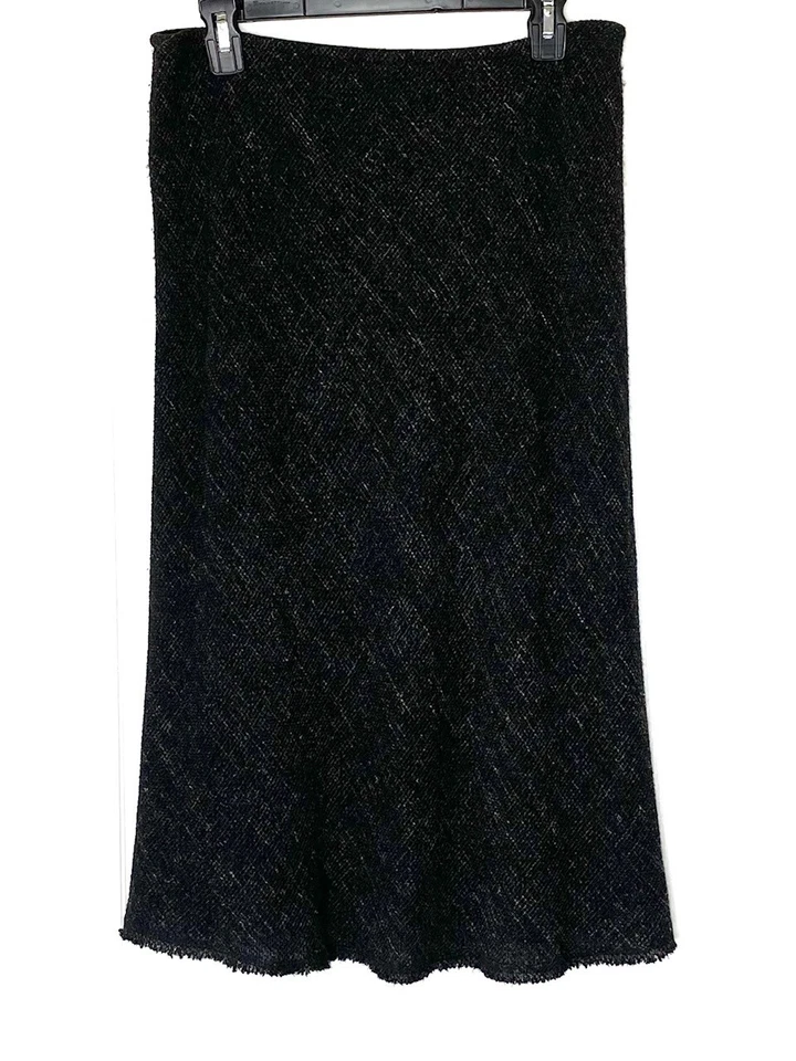 Falda midi EILEEN FISHER negra blanca gris elástica tweed flecos dobladillo deshilachado M 10/12 Foto 2 de 4