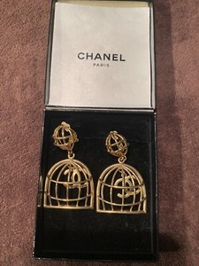 Authentic Chanel Birdcage Earrings With Box 24 Kt Gold Plated Vintage And Rare