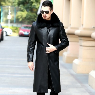 Mens Leather Trench Coat Fur Collar 