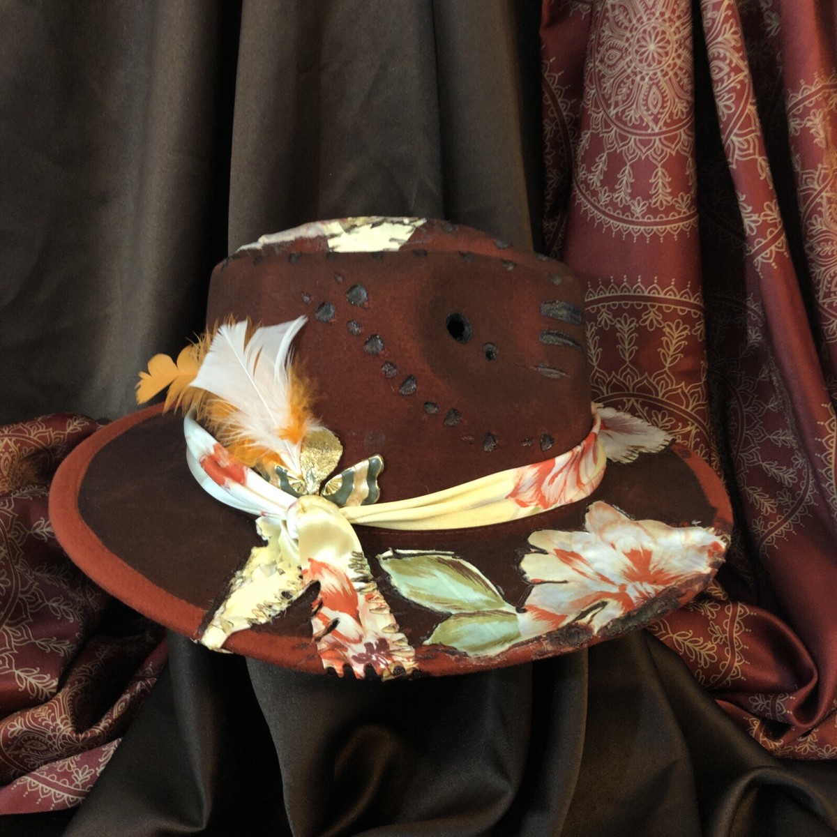 Womens Fedora Hat-Tazzle's 1of1-Crimson Red W/ Floral Silk