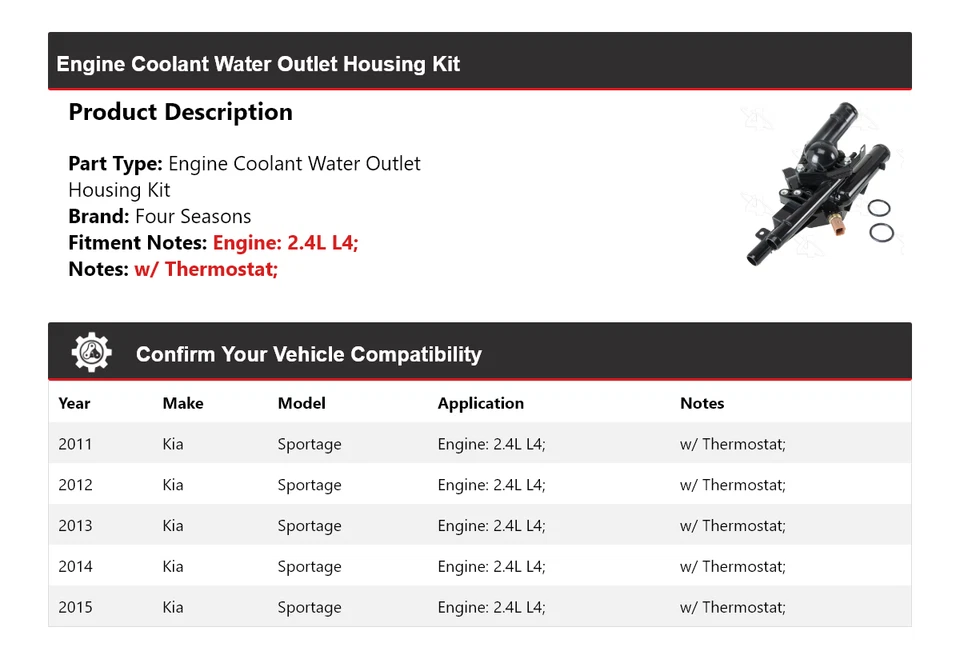Kit de carcasa de salida de agua de refrigerante para motor Kia Sportage 2011-2015 4 estaciones Foto 2 de 4
