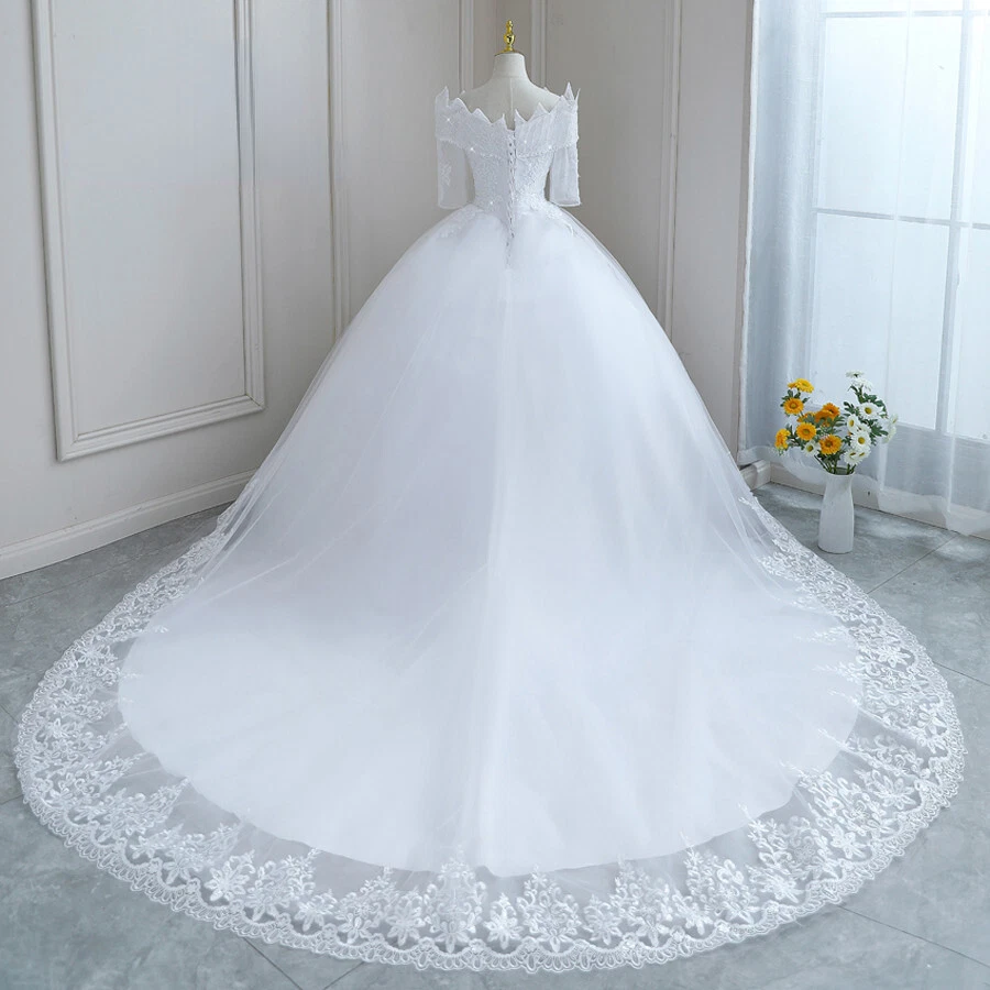 Nueva Llegada Blanco Vestidos de Novia Fuera del Hombro Media Mangas Encaje Bordado Vestido Foto 3 de 4