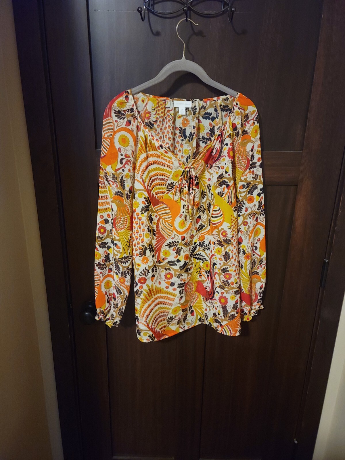 EUC Women's Chiffon Sheer Boho Floral Peacock Tunic Top Blouse Size Medium