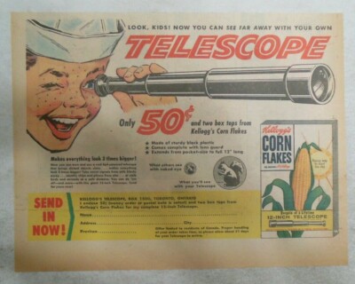 Kellogg's Corn Flakes Cereal Ad: Telescope Premium 1956 Size: 7 x 10 inches
