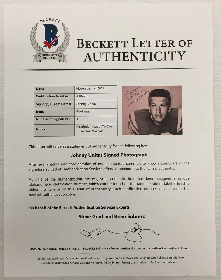 Johnny Unitas Autographed Vintage 11 X 14 Baltimore Colts Beckett BAS A10476 - Image 2 of 2