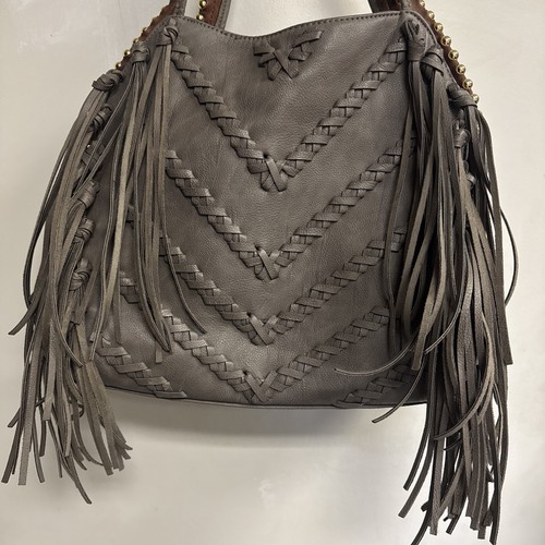 Big Buddha Fringe Gold Beaded Edge Handbag Large Purse Taupe Gray Faux Leather - Picture 2 of 11