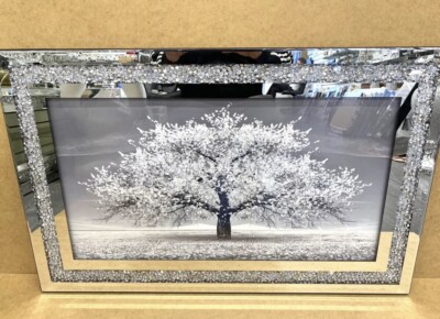 Crushed Diamond Blossom Baum Bild Silber Liquid Art 3D Wandbehang 80x50 cm