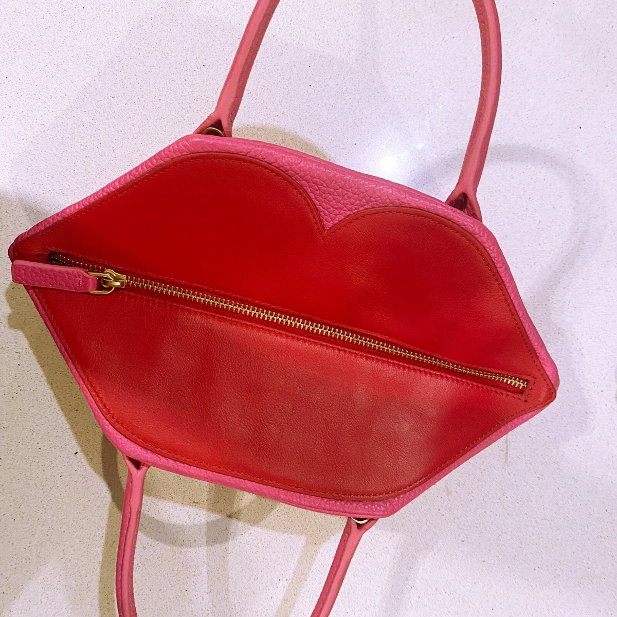 Lulu Guinness Pink Red Lips Lips Small Grainy Leather Peekaboo Valentina Bag