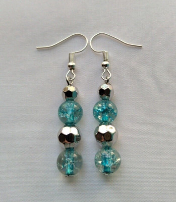 Blue Crackle Glass Bead Drop Hook Stick Earrings Silver Tone Handmade Boho Chic