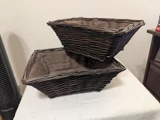 2x Wicker Baskets with Linen Liners, 9.5" x 13" x 5", Brown