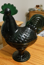 Dark Green Glass Rooster Covered Dish Standing Chicken 8.5 inches
