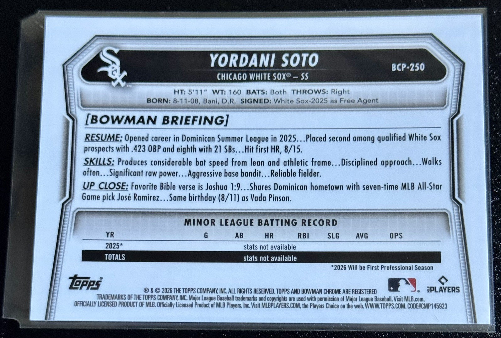 2026 Bowman Chrome Baseball Yordani Soto 1st Bowman Gold 15/50! White Sox view 3