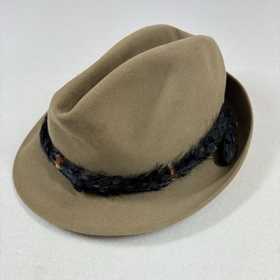 Vintage Knox Jaguar Fedora Hat~ 7-1/8 Beige Feather Wrap Detail Classic