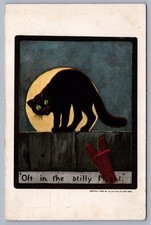 Cartolina Halloween spesso nella notte elegante recinzione gatto nero luna Ullman O7