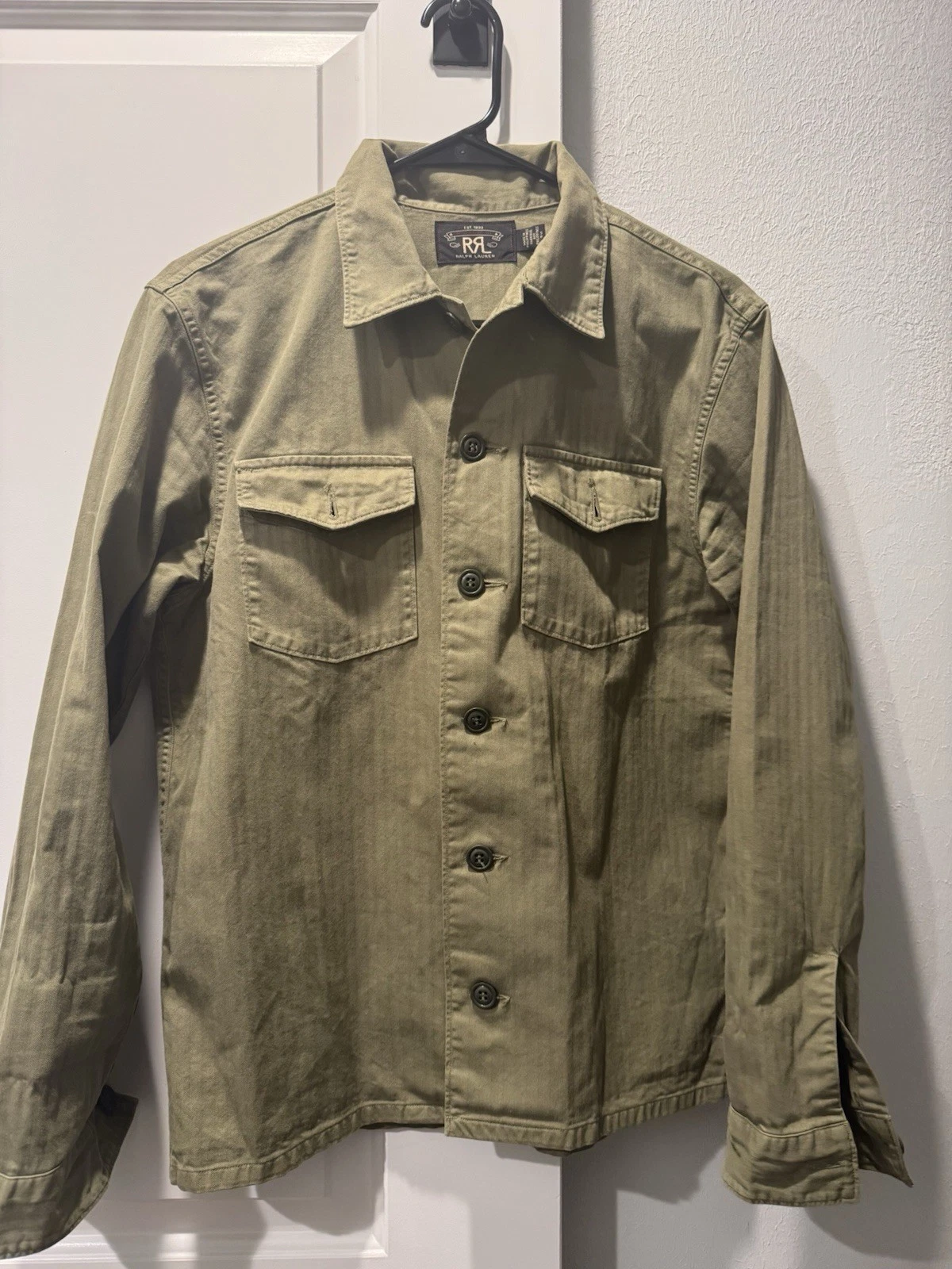 RRL Ralph Lauren Green Cotton Twill Military Jacket Shirt Pockets Size S - product detail image 11
