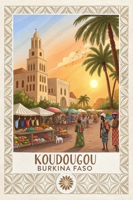 Lebendiges Koudougou Burkina Faso - bunte Marktszene Reise Poster A1-A4 Poste