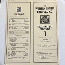Western Pacific Railroad Company Timetable #1 Valley District 1970 Vintage
