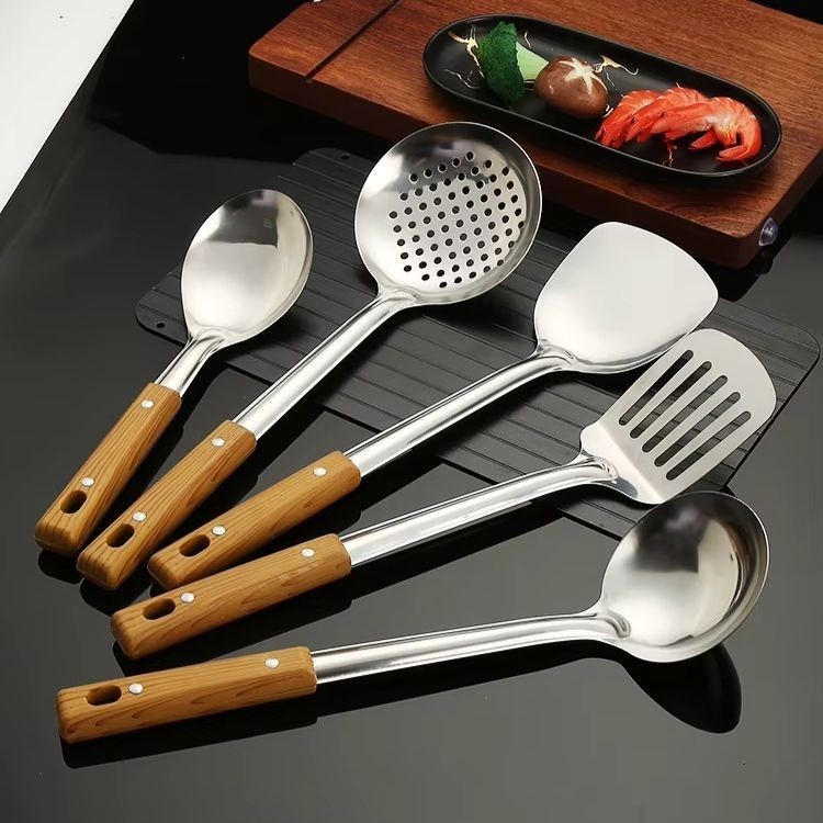 5-teiliges Küchenutensilien-Set aus Edelstahl – mit Griffen in edler Holz-Optik
