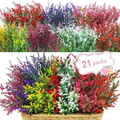 21 Bundles Faux Plants Outdoor Fake Flowers Artificial Flowers Fake Shrubs Green