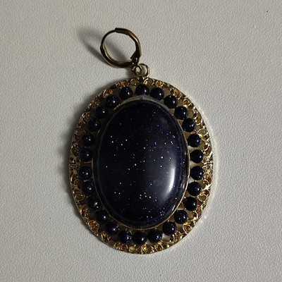 Blue Sandstone Gold Tone Oval Pendant Charm Goldstone Blue Rhinestone Halo