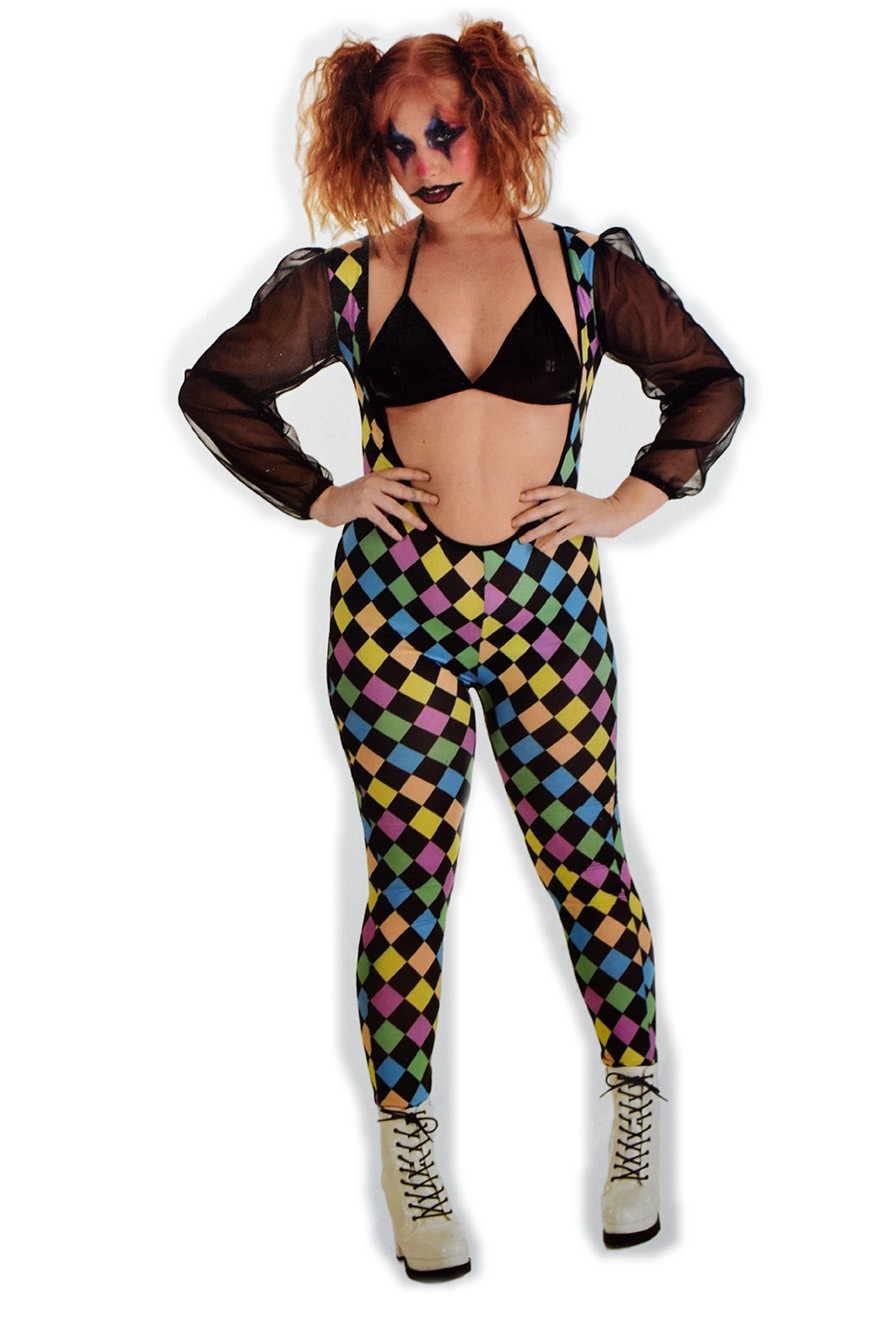 KBW 2023 Clown Costume Harlequin Jester Women's S, M, or L Halloween 1-PC Romper