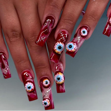 24Pcs Halloween Press on Nails Long Nails Press on Square Fake Nails with Rhines