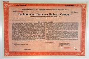 St. Louis-San Francisco Railway Co., ND(1950s). Specimen 5% Preferred Stock Cert