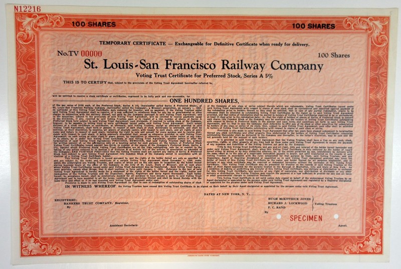 St. Louis-San Francisco Railway Co., ND(1950s). Specimen 5% Preferred Stock Cert
