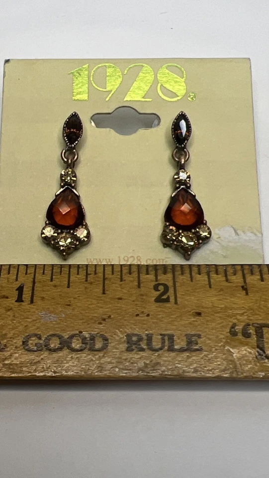 NOS Vtg 1928 Copper Tone Orange Amber Rhinestone Pierced Dangle Earrings - Image 4 of 4