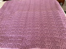 Afghan Throw Blanket Vtg Hand Crochet Purple Pink Lilac 49X50 Square Fan Feather