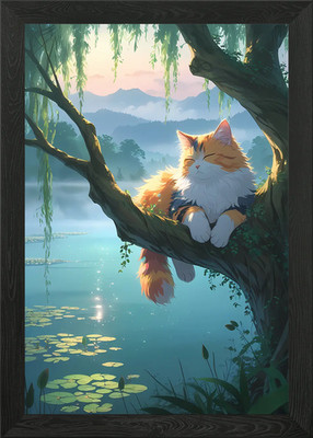 Niedliche flauschige Calico Katze schläft auf gerahmtem Wandbild Poster Leinwanddruck Bild