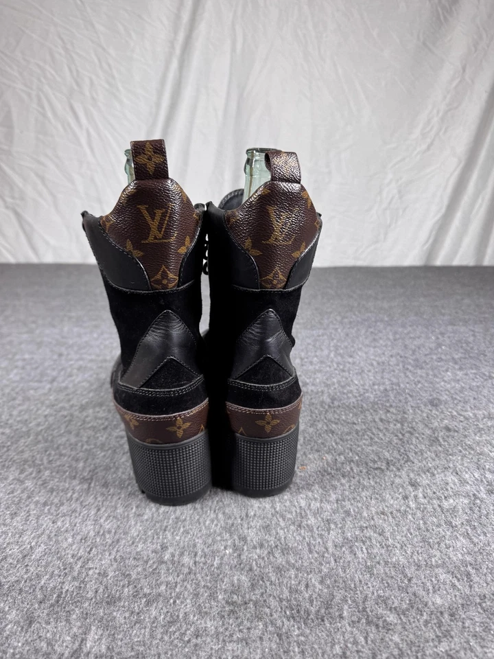 Louis Vuitton Boots Womens Size 38.5 EU Laureate Monogram Suede Leather Combat - Image 2 of 4