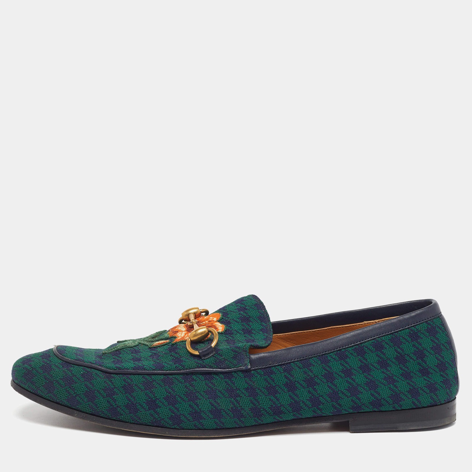 Gucci Horsebit Size 44 GreenNavy Blue Knit Fabric Flora Embroidered Loafers