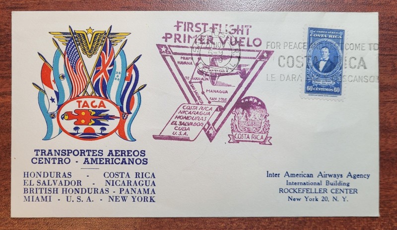 1st Flight Cover TACA Costa Rica to Rockefeller Center NYC USA 20 Nov. 1943