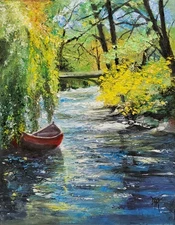 YARY DLUHOS Landscape River Rowboat Forest Trees Original Art Oil Painting