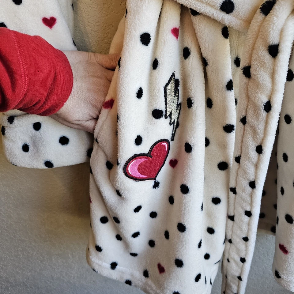 Bata con Capucha Betsey Johnson Lunares Corazón Felpa Blanca Talla XS Pequeña Foto 3 de 4