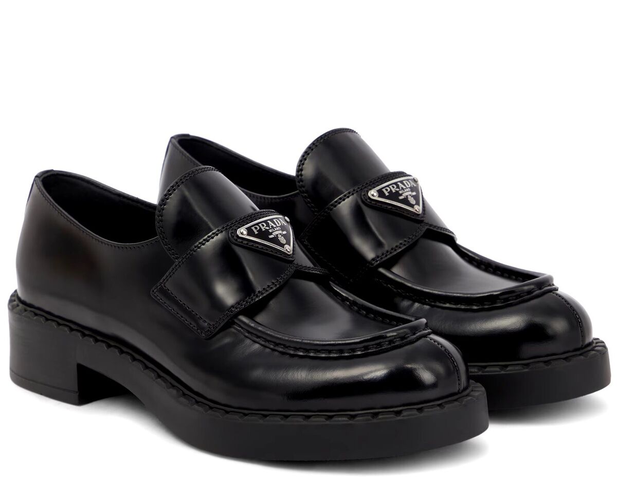 PRADA Women's Chocolate Triangle Logo Leather Loafers Black PRADA Women's Chocolate Triangle Logo Leather Loafers Black