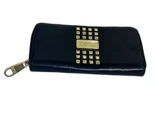 Badgley Mischka Zip Around Wallet Black Vegan Leather Gold Studs
