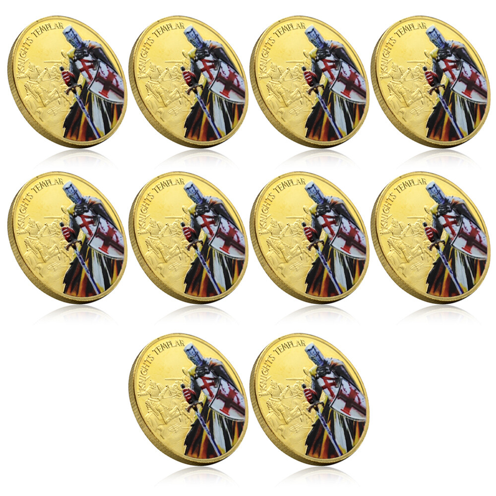 10pcs Knights Templar Golden Challenge Coins Collectible Christian Cross Medal-image