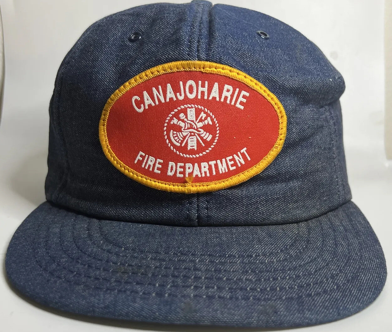 Vintage 80s Canajoharie Fire Dept Patch Denim Snapback Trucker Hat Cap