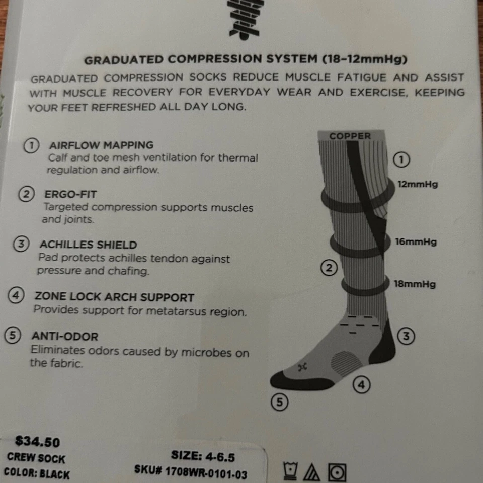 Meias femininas de cobre Tommie Recovery Compression Crew pretas tamanho 4-6.5 novas na caixa - Imagem 4 de 4