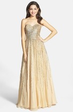 NWOT  beige & gold  Sherri Hill  Sequin Coated Strapless Chiffon Gown  size 6
