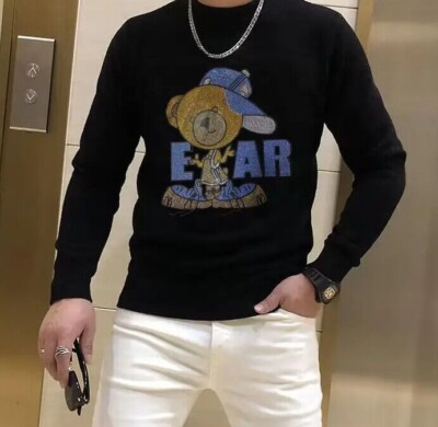 New Men Luxury Diamond Bear Rhinestones Fashion Knitted Black Sweater