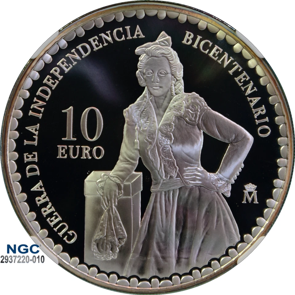 España S10E 2008M Manuela Malasana Guerra del Indep. 200 aniversario PF 69 UC + CERTIFICADO DE AUTENTICIDAD Foto 2 de 4