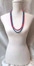 VTG Single Strand Wood Disc Silvertone Bead Necklace Pink Turquoise Boho 58"L