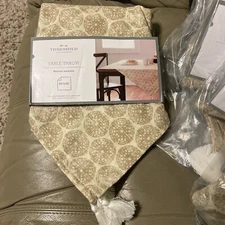 Threshold 50" x 50" Square Beige Medallion Table Throw with Tassels NEW