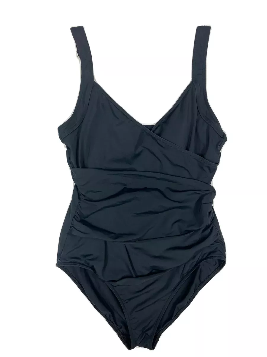 Calvin Klein Women's Black Ruched V-Neck Plunge One-Piece Swimsuit