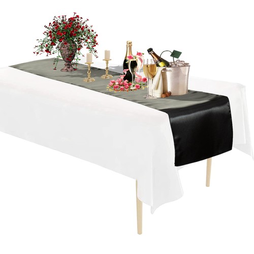 Corredor de mesa satinado con mantel de plástico negro/blanco decoración de mesa de fiesta - Imagen 11 de 133