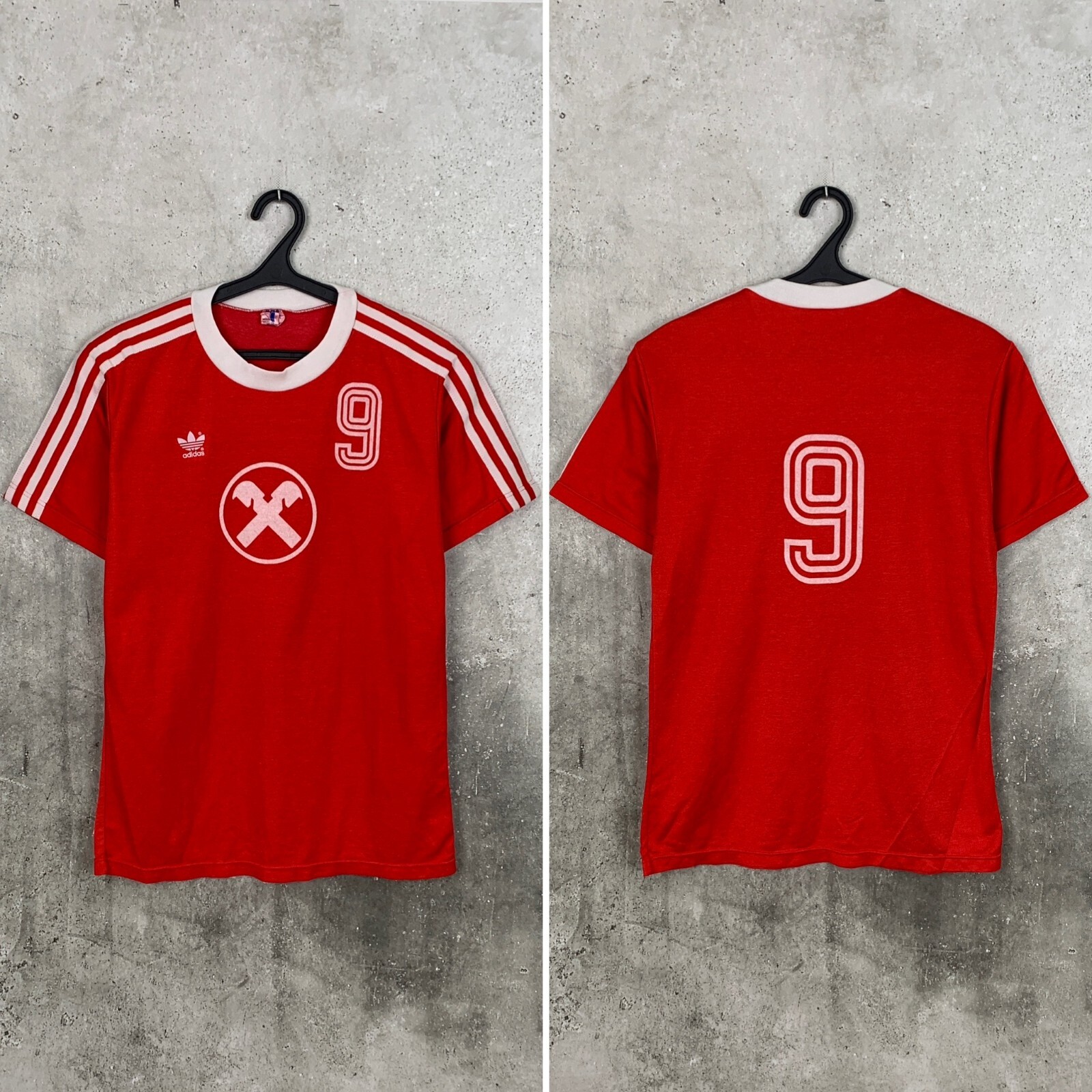 ADIDAS TEMPLATE 1980s RED FOOTBALL SHIRT #9 VINTAGE JERSEY SIZE M